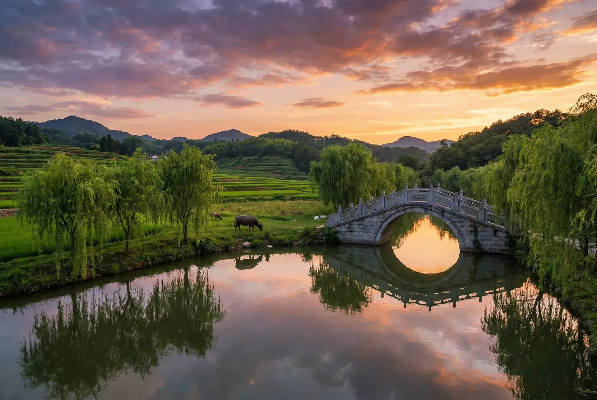 夕阳下的石拱桥与垂柳，水牛在河边吃草 - 黄瓜是谁带回来的 乡村美景