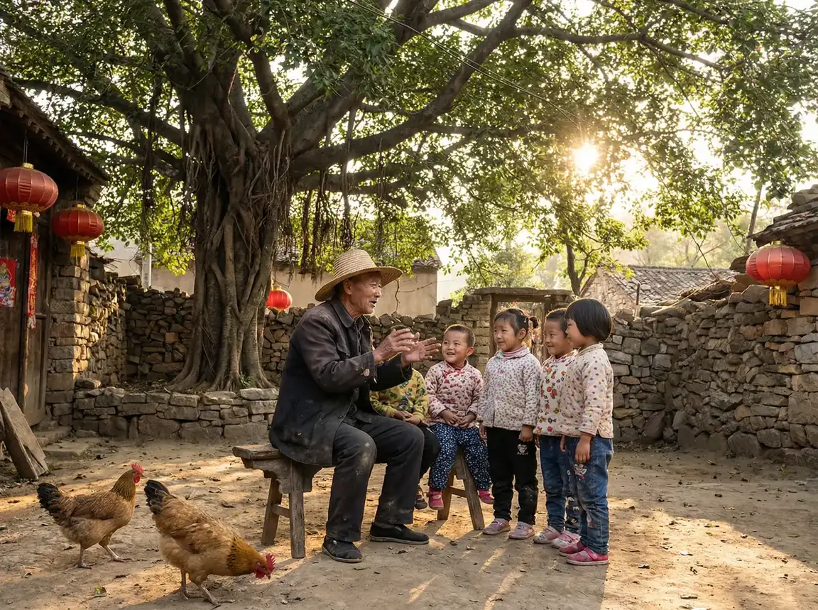 老人在大榕树下给孩子们讲故事 - 黄瓜是谁带回来的 乡村记忆